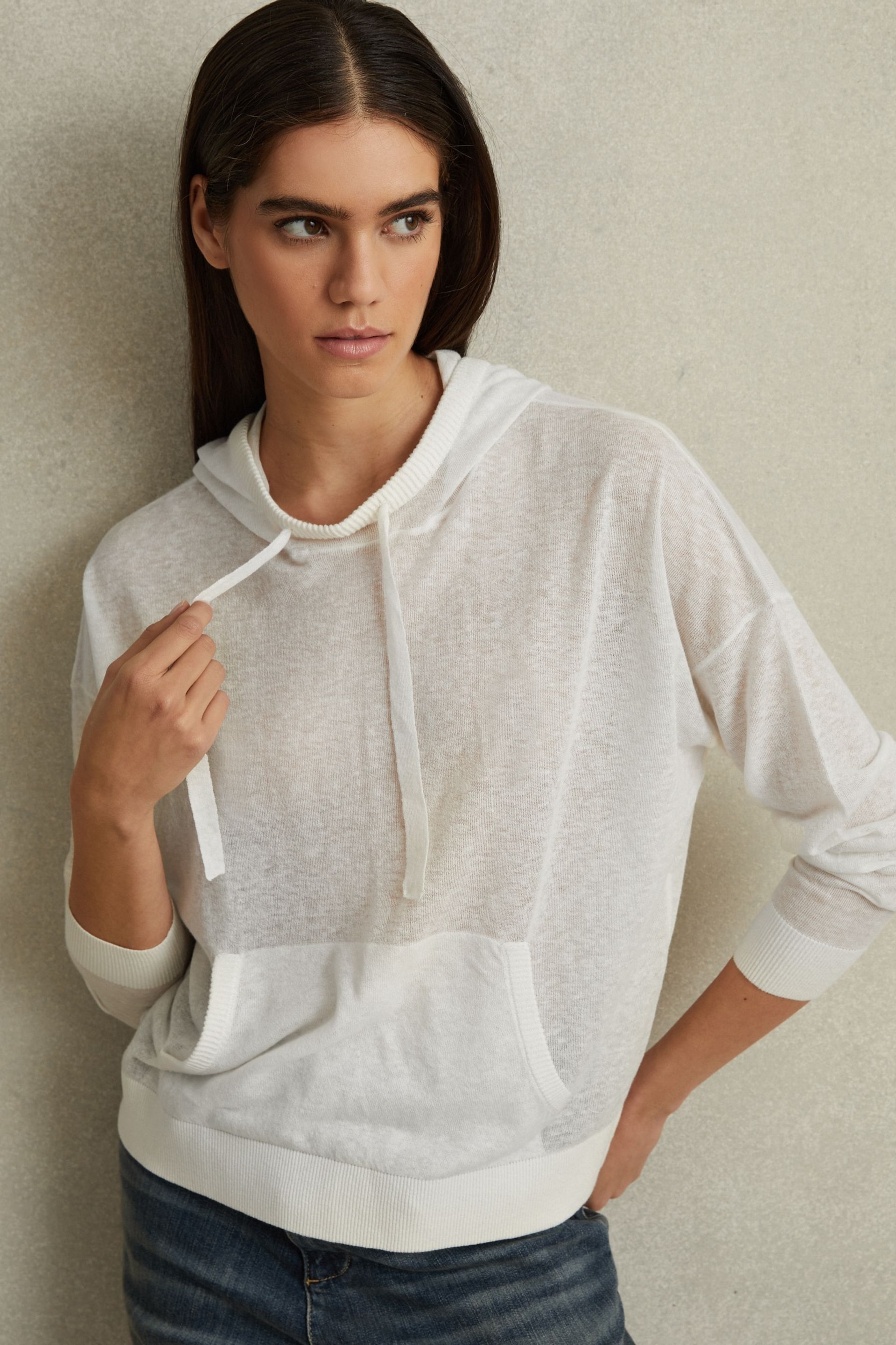 Reiss Ivory Candy Cotton Blend Sheer Hoodie - Image 1 of 4