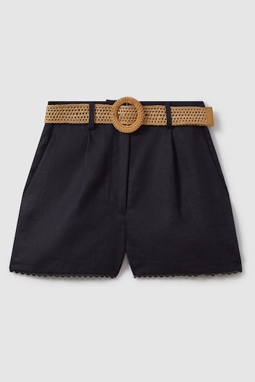 Reiss Navy Belle Linen Belted Shorts