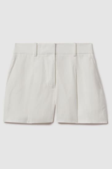 Reiss White Lori Viscose-Linen Front Pleat Suit Shorts