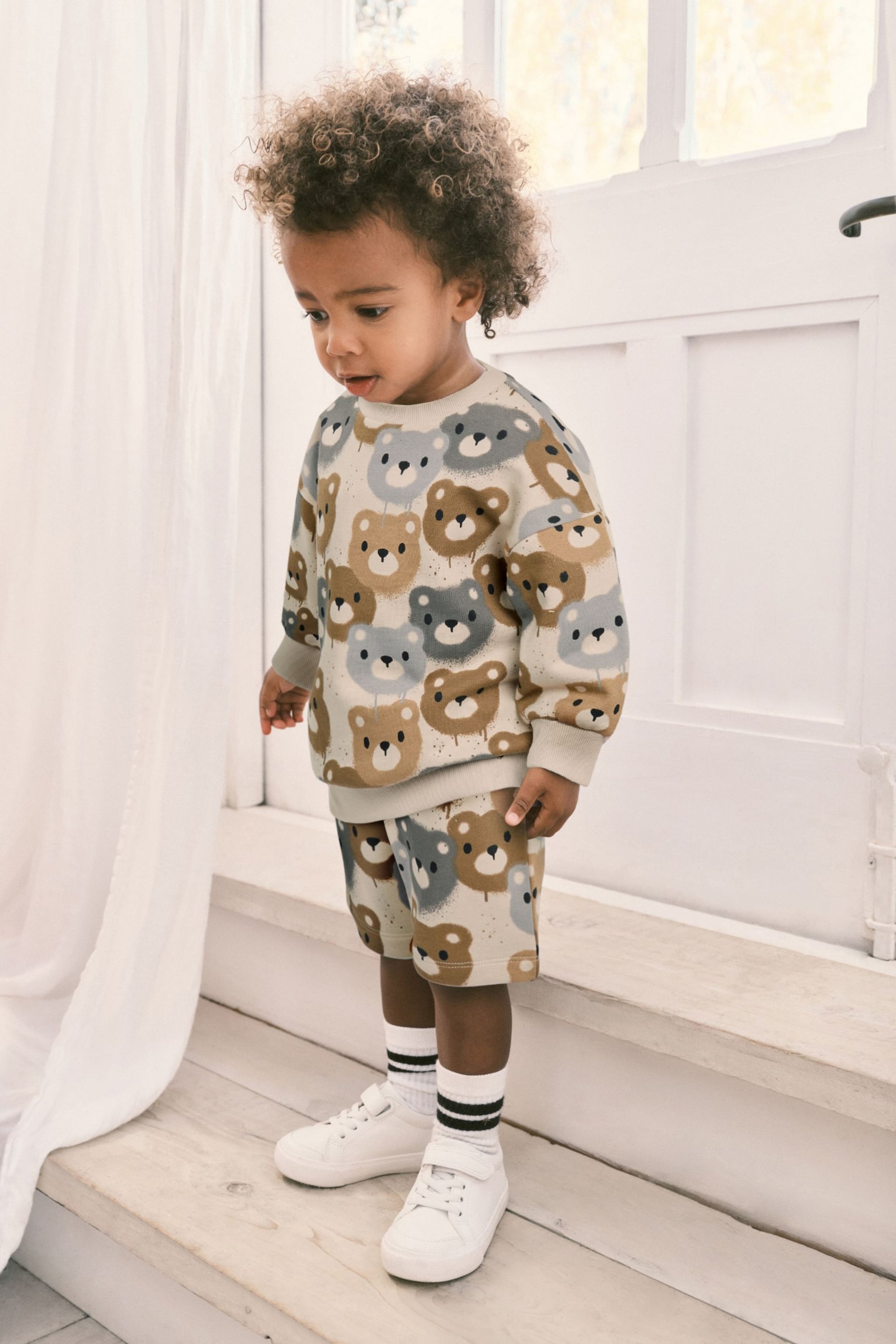 Neutral Drippy Bear Jersey Crew Neck Sweatshirt and Short Set (3mths-7yrs) (3mths-7yrs) - Image 1 of 3