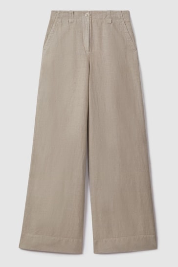 Reiss Light Khaki Demi Petite Linen Wide Leg Garment Dyed Trousers