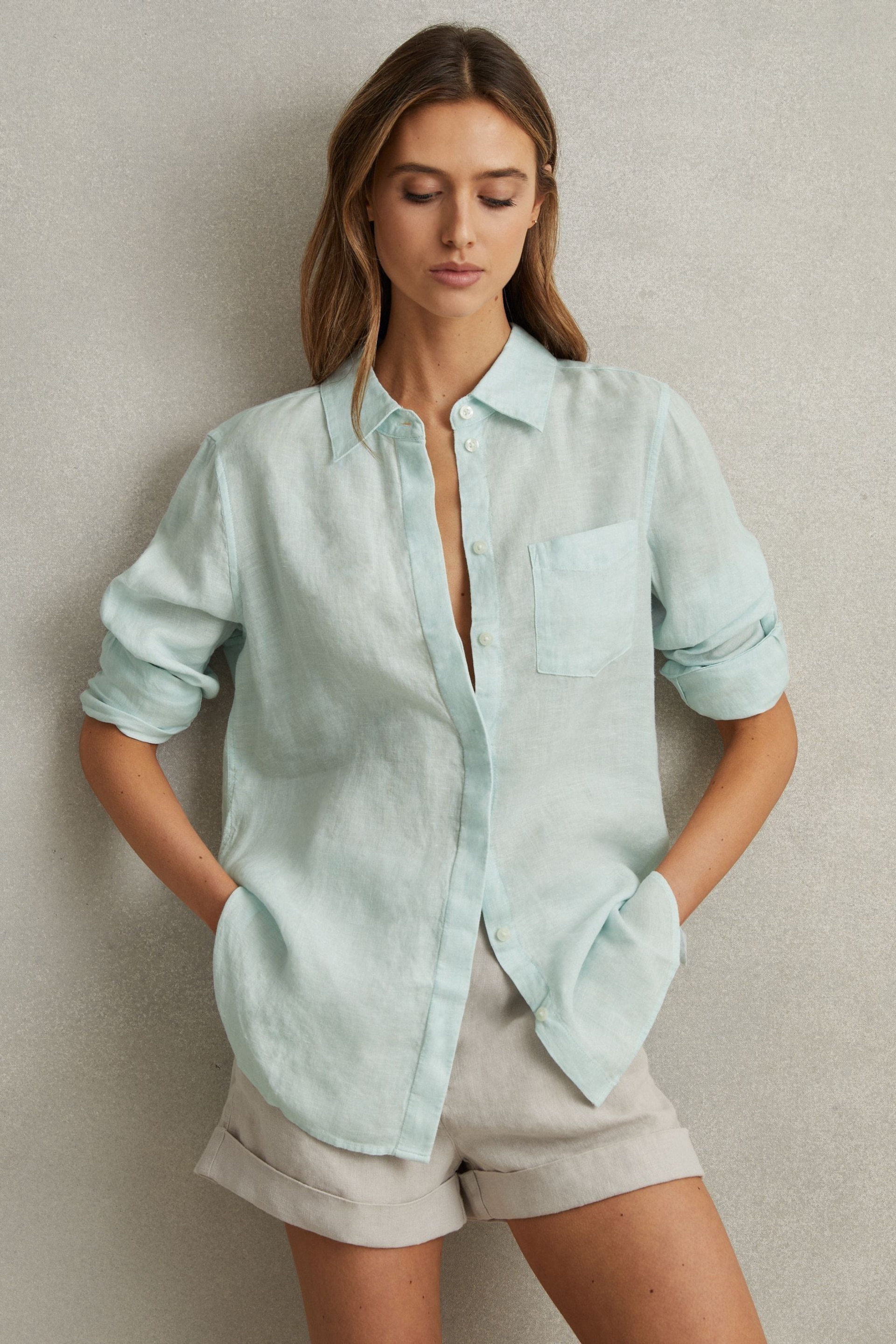 Reiss Aqua Belle Linen Button-Through Shirt - Image 1 of 6