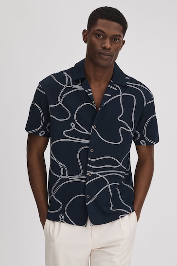 Reiss Navy Menton Cotton Jersey Embroidered Shirt
