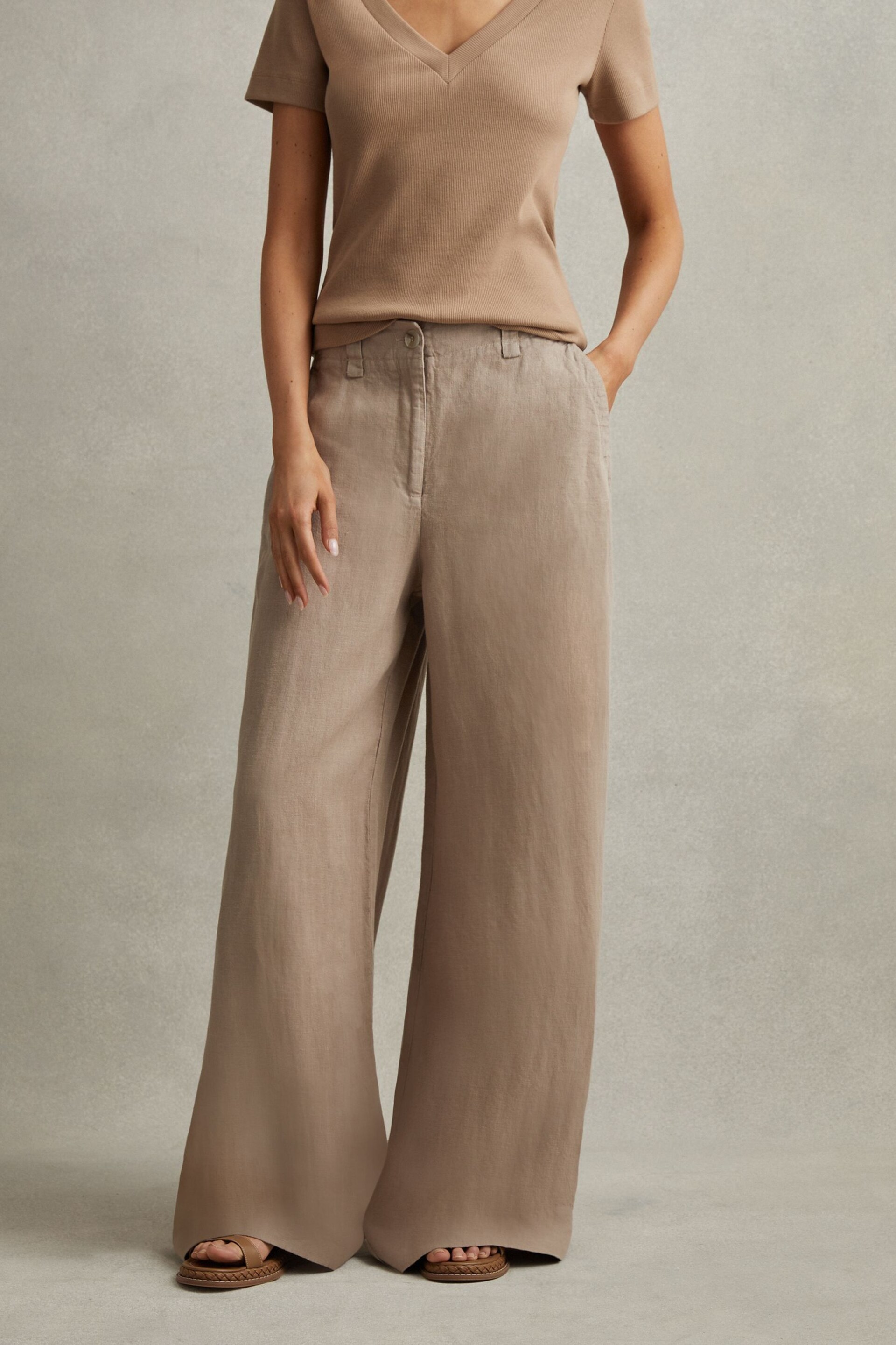 Reiss Mink Neutral Demi Petite Linen Wide Leg Garment Dyed Trousers - Image 1 of 7