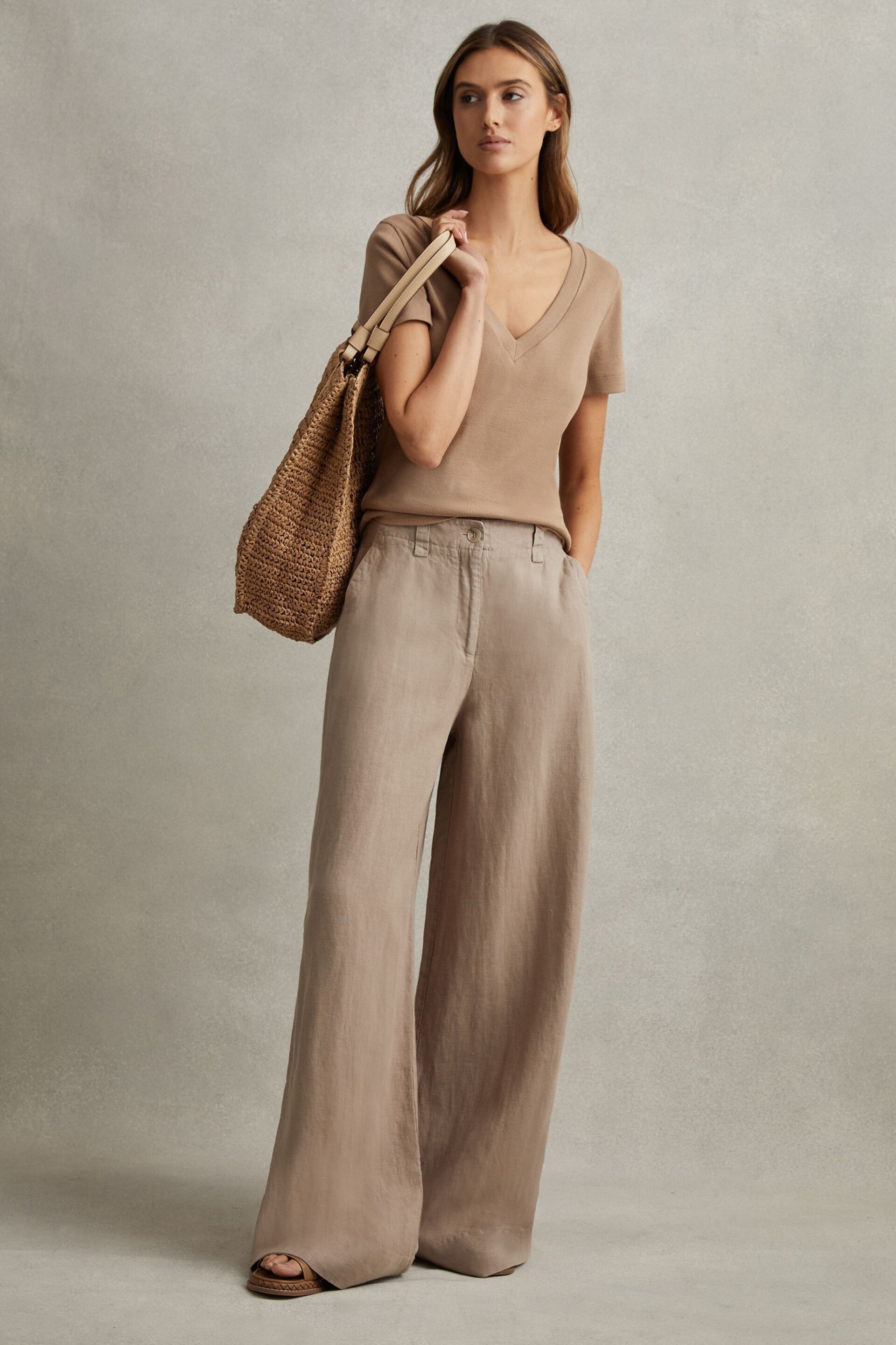 Reiss Mink Neutral Demi Petite Linen Wide Leg Garment Dyed Trousers - Image 3 of 7