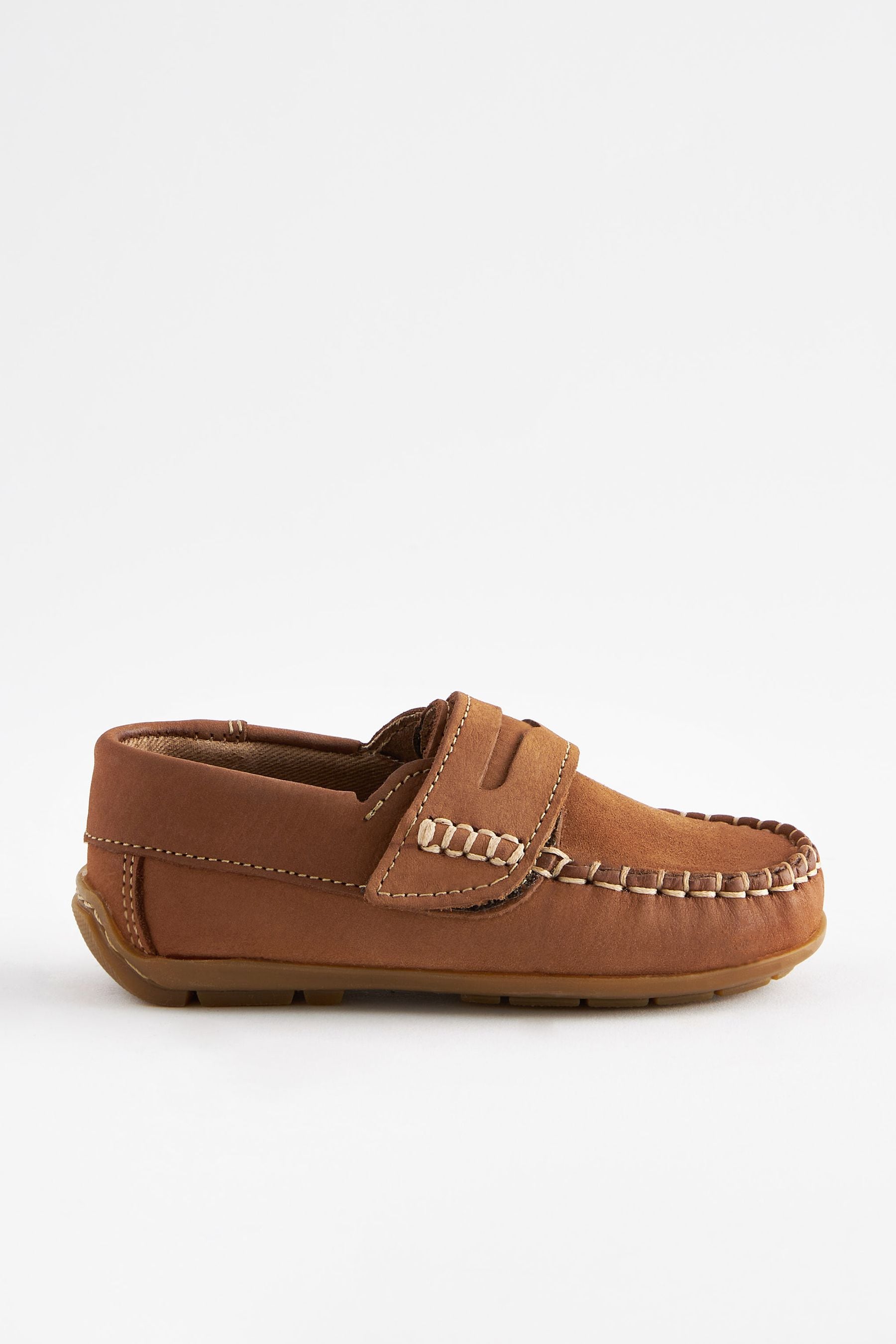 Tan Brown Standard Fit F Leather Penny Loafers with Touch and Close Fastening