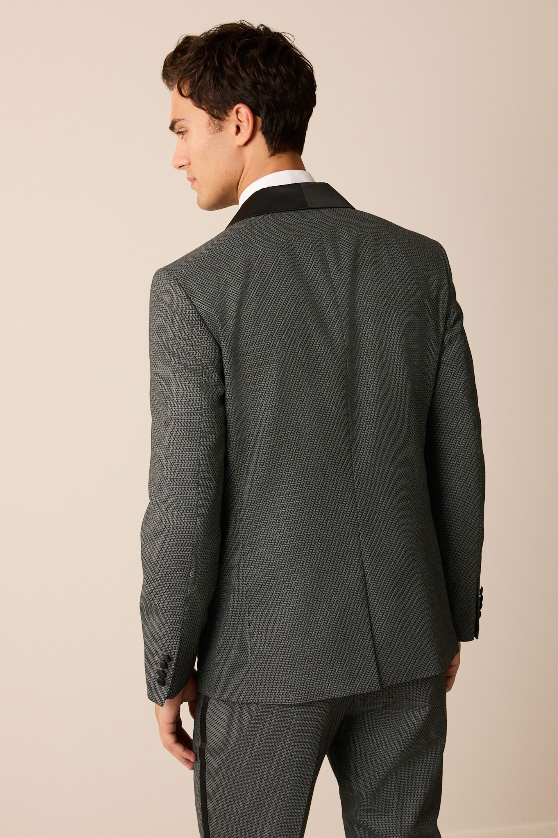 Charcoal Grey Tailored Textured Tuxedo Suit Jacket - Image 3 of 13