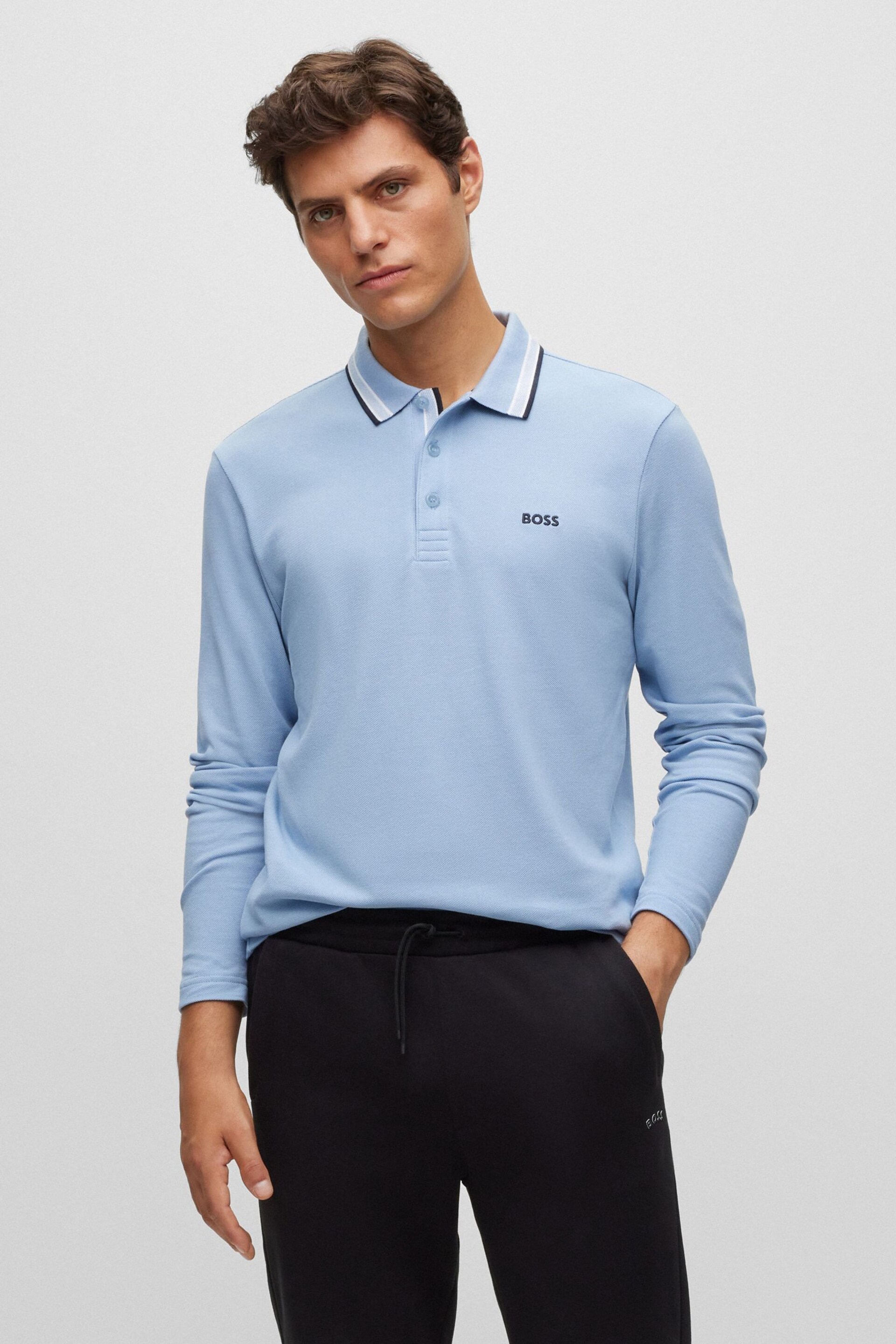 BOSS Light Blue Plisy Collar Detail Long Sleeve Polo Shirt - Image 1 of 5