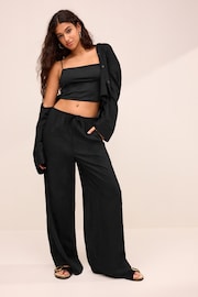 Black Tie Waist Wide Leg Trousers with Linen - Image 2 of 7