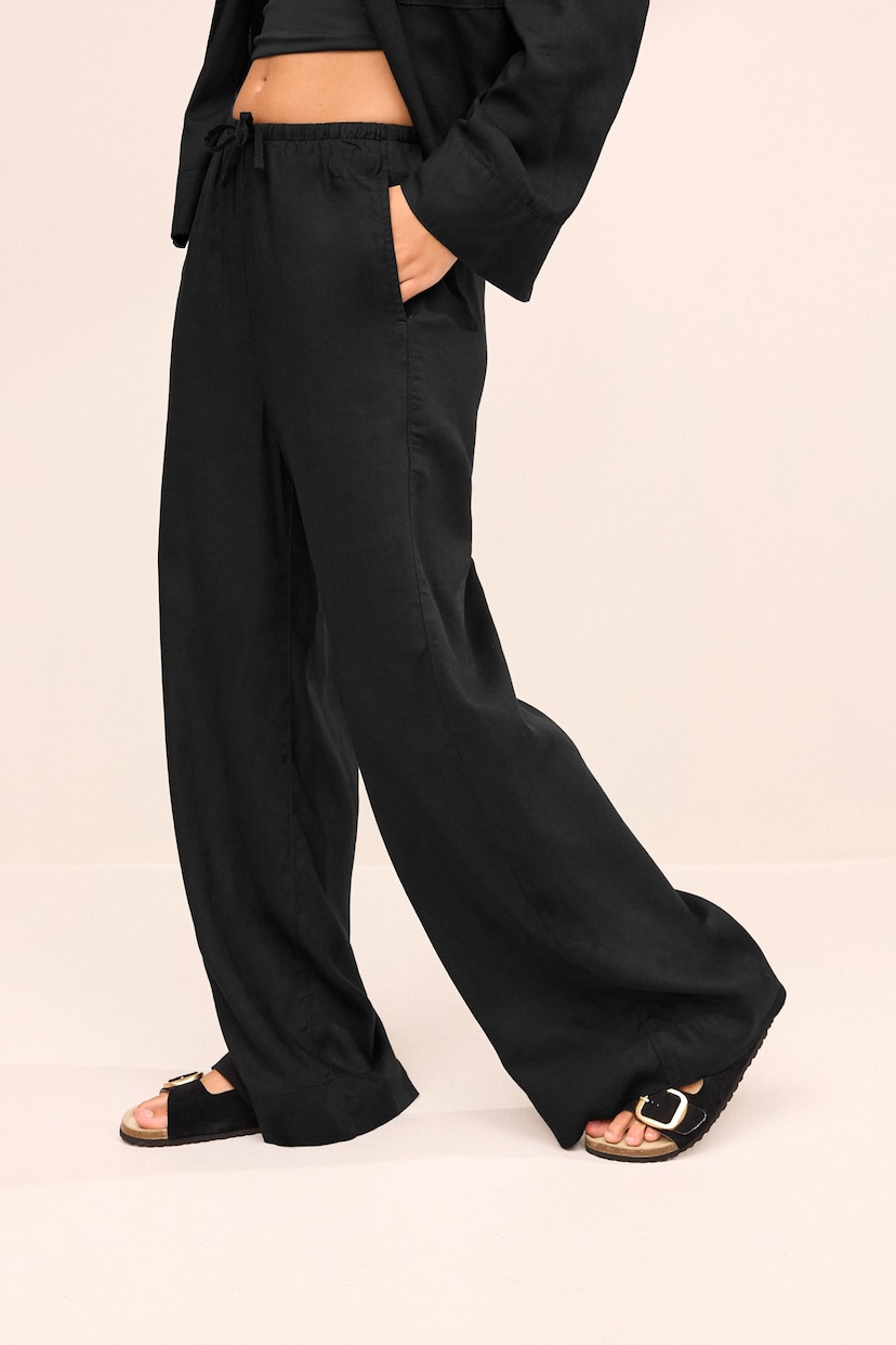 Black Tie Waist Wide Leg Trousers with Linen - Image 3 of 7
