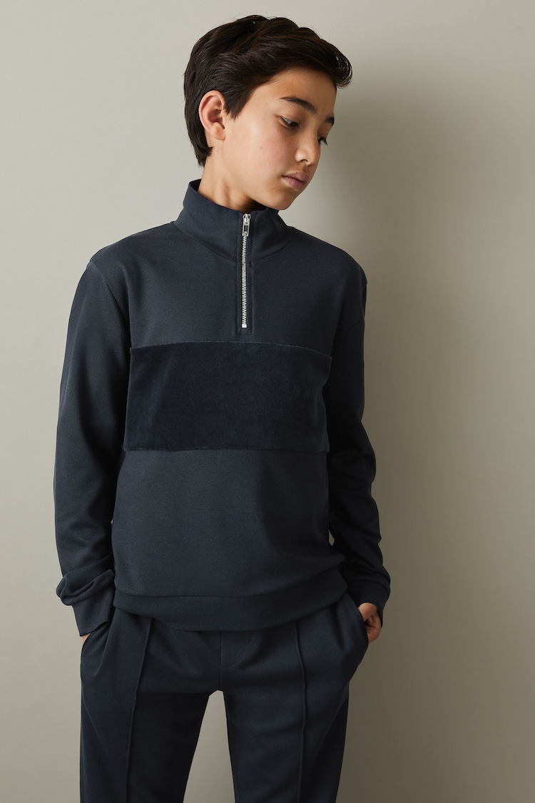 Reiss Navy Selin Slim Fit Half-Zip Funnel Neck Velour Sweatshirt - Image 1 of 5