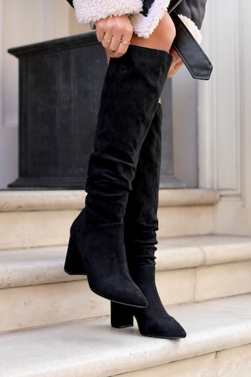 Linzi Black Nina Faux Suede Block Heel Knee High Ruched Boots With Pointed Toe