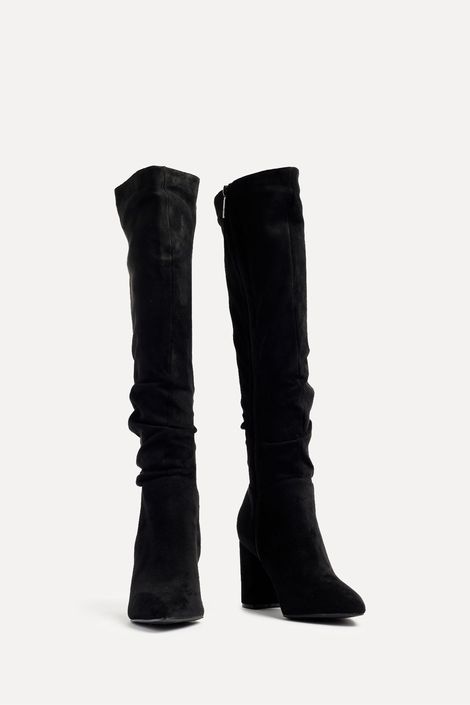 Buy Linzi Black Nina Faux Suede Block Heel Knee High Ruched Boots With Pointed Toe from Next Canada