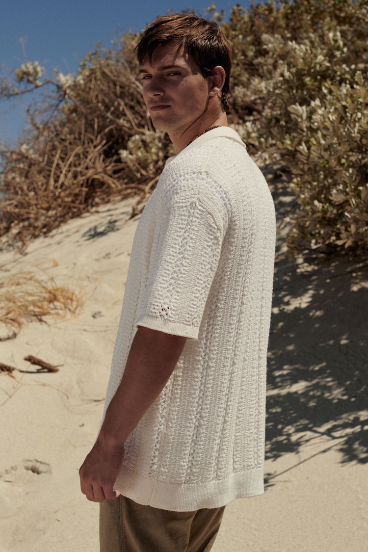 Ecru White Stripe Relaxed Crochet Button Through Shirt - Image 2 of 8