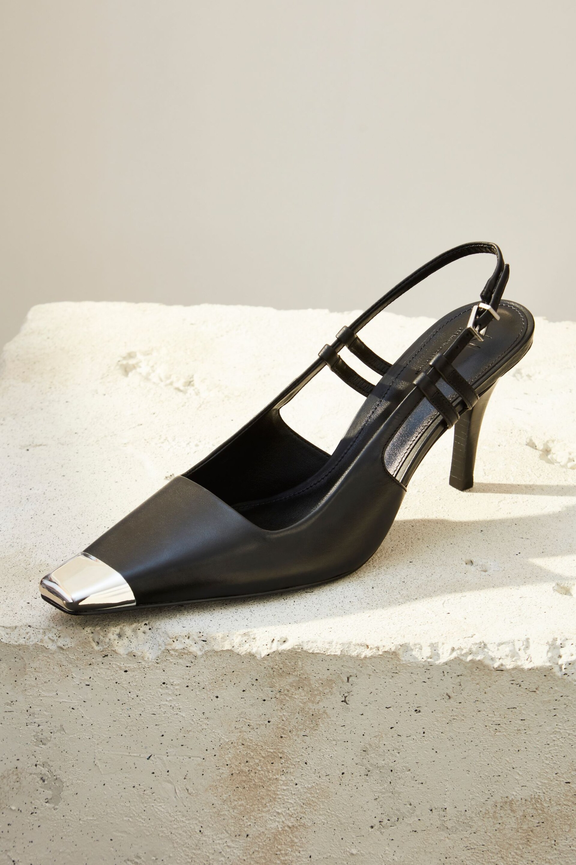 Black Premium Leather Metal Chisel Toe Slingback Heel Shoes - Image 2 of 8