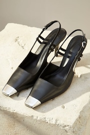 Black Premium Leather Metal Chisel Toe Slingback Heel Shoes - Image 4 of 8