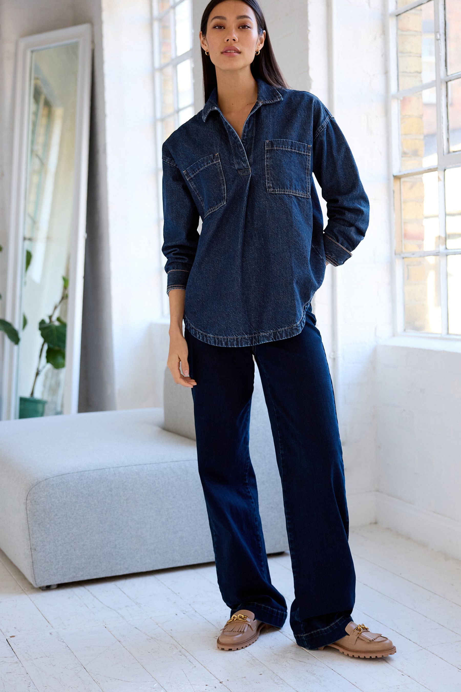 Denim pullover shirt top