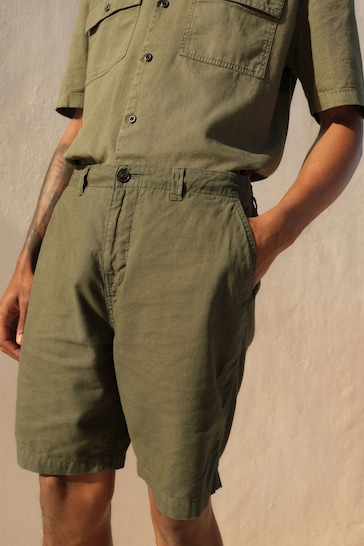 Green Linen Blend Chino Shorts