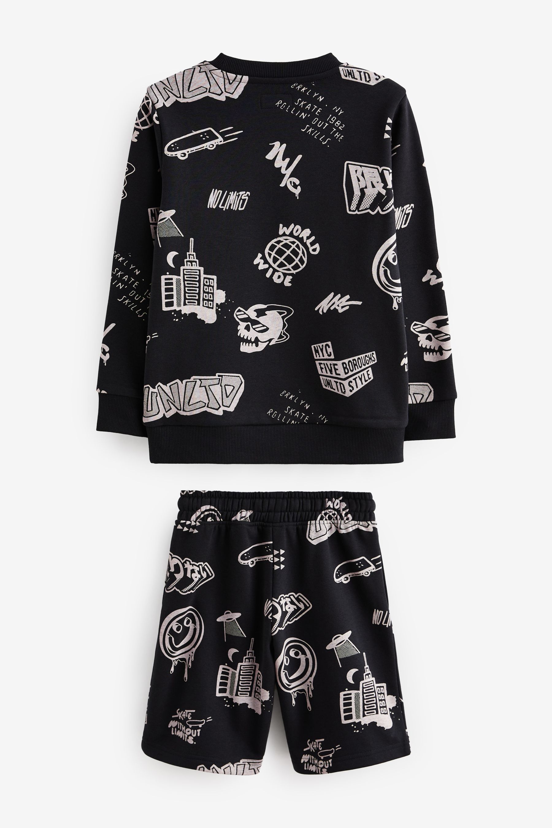 Black All Over Printed Crew Neck Sweatshirt and Shorts Set 3 16yrs