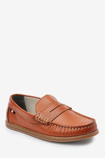Tan Brown Leather Slip-On Penny Loafers