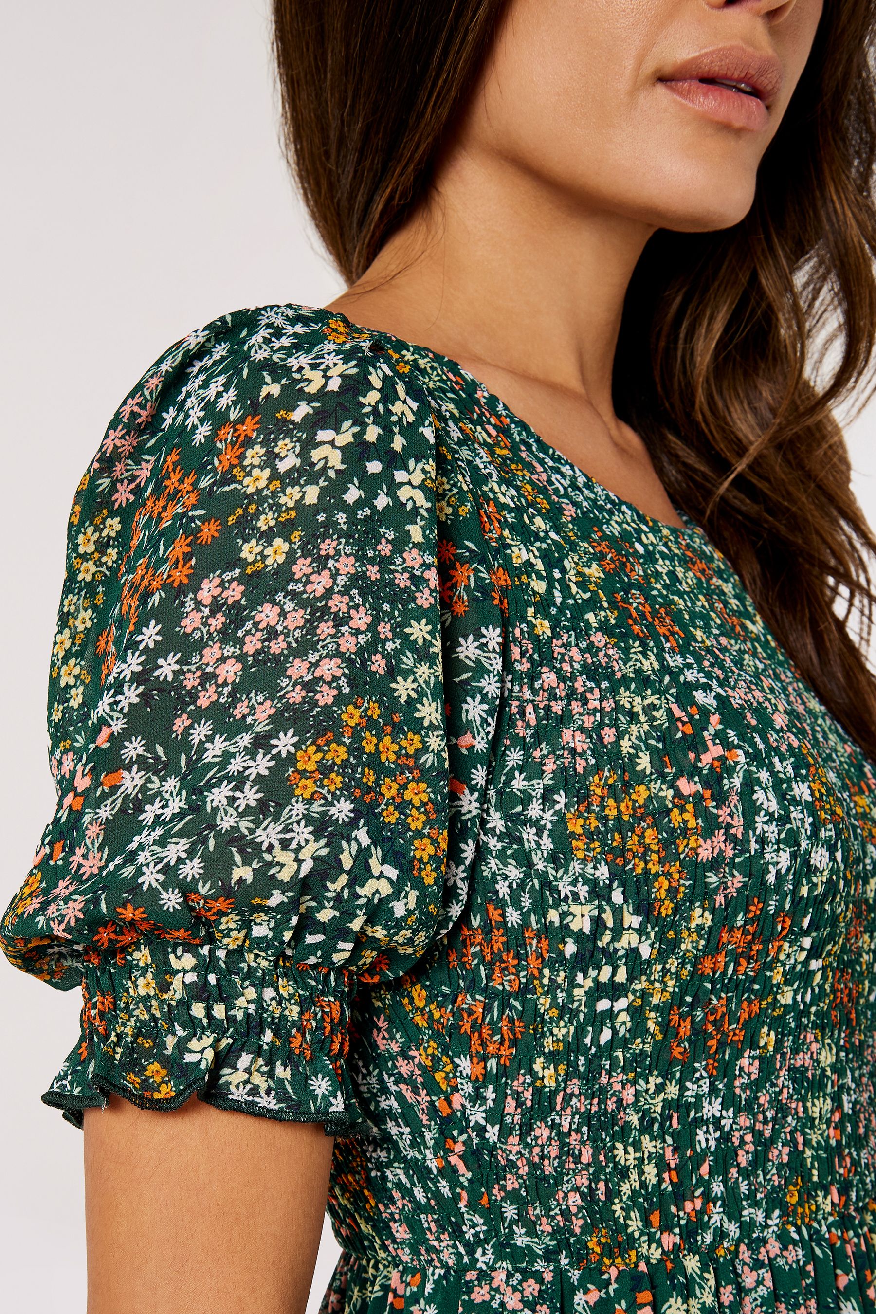 Buy Apricot Green Ditsy Spray Smock Short Sleeve Midi Dress from the Next UK online shop