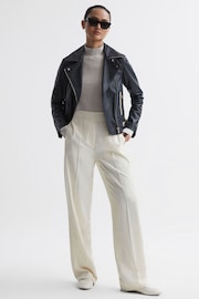 Reiss Navy Inka Leather Zip-Through Biker Jacket - Image 1 of 5