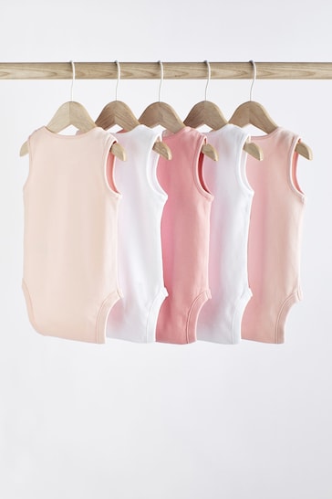 Pink/White 5 Pack Baby Vest Bodysuits