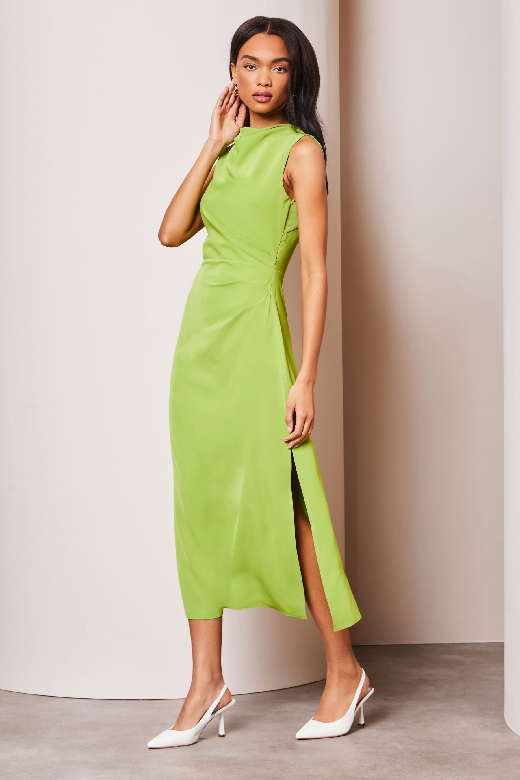 Buy Lipsy Green Drape Front Ruched Midi Off the Body Summer Dress from Next Ireland