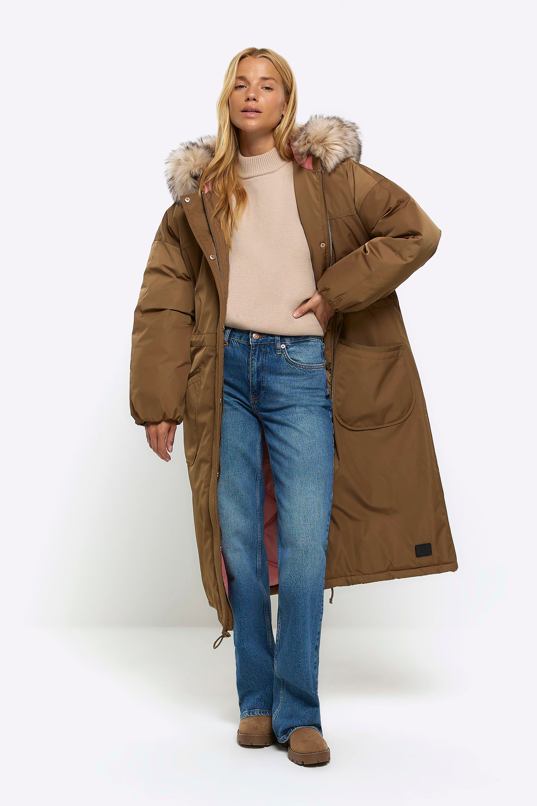 Khaki faux fur 2025 trim parka coat