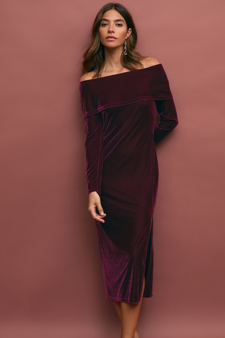 Burgundy Red Bardot Velvet Midi Dress - Image 1 of 7