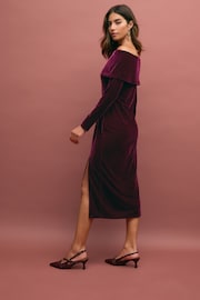 Burgundy Red Bardot Velvet Midi Dress - Image 3 of 7