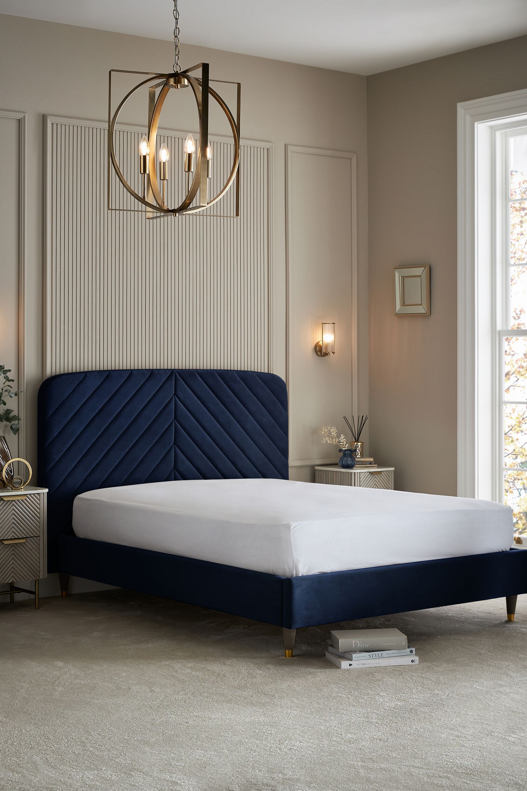 Navy blue velvet upholstered bed deals