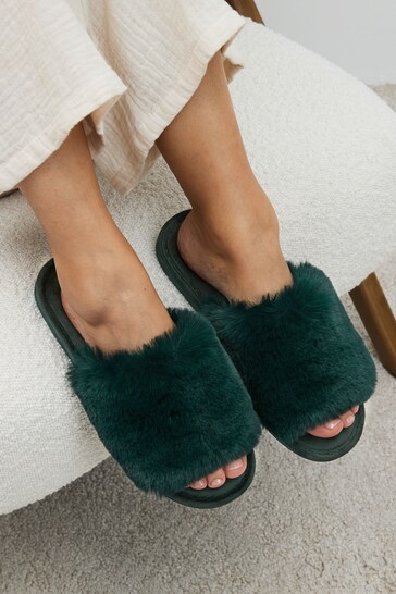 Green Faux Fur Slider Slippers