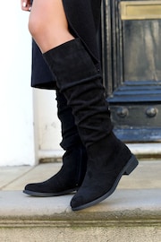 Linzi Black Ciara Faux Suede Flat Ruched Boots - Image 1 of 4