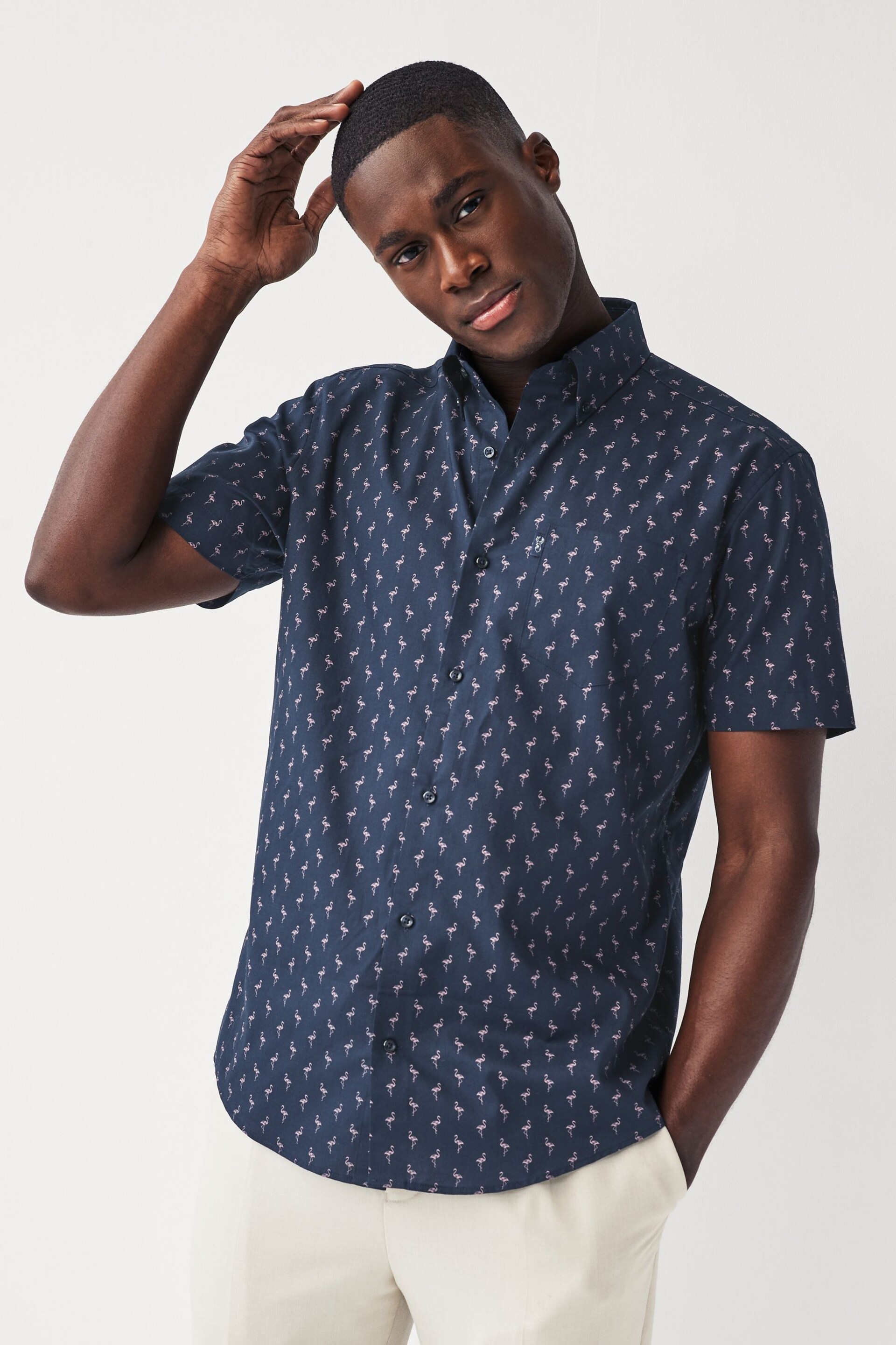 Navy Blue Flamingo Easy Iron Button Down Short Sleeve Oxford Shirt - Image 1 of 5