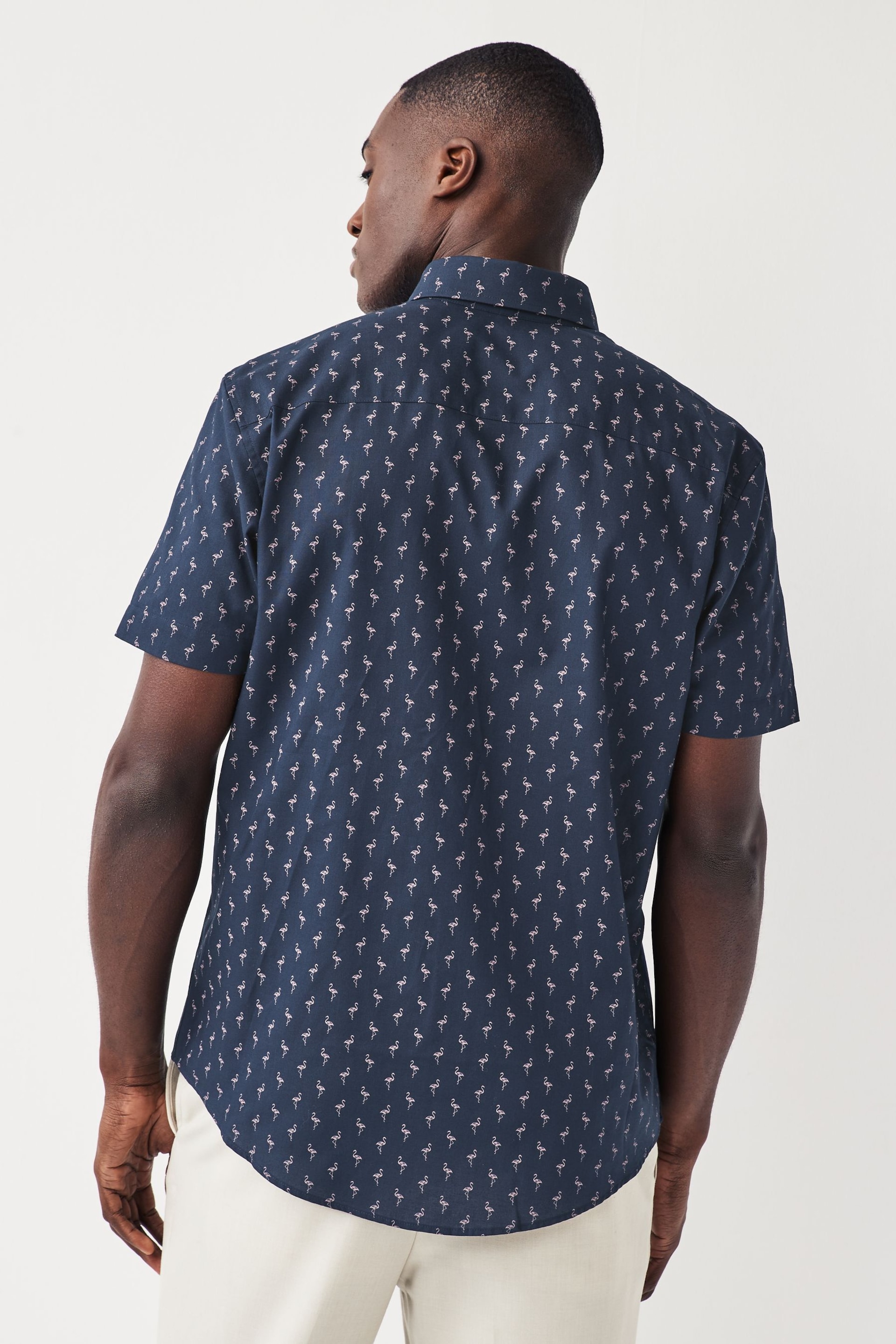 Navy Blue Flamingo Easy Iron Button Down Short Sleeve Oxford Shirt - Image 3 of 5