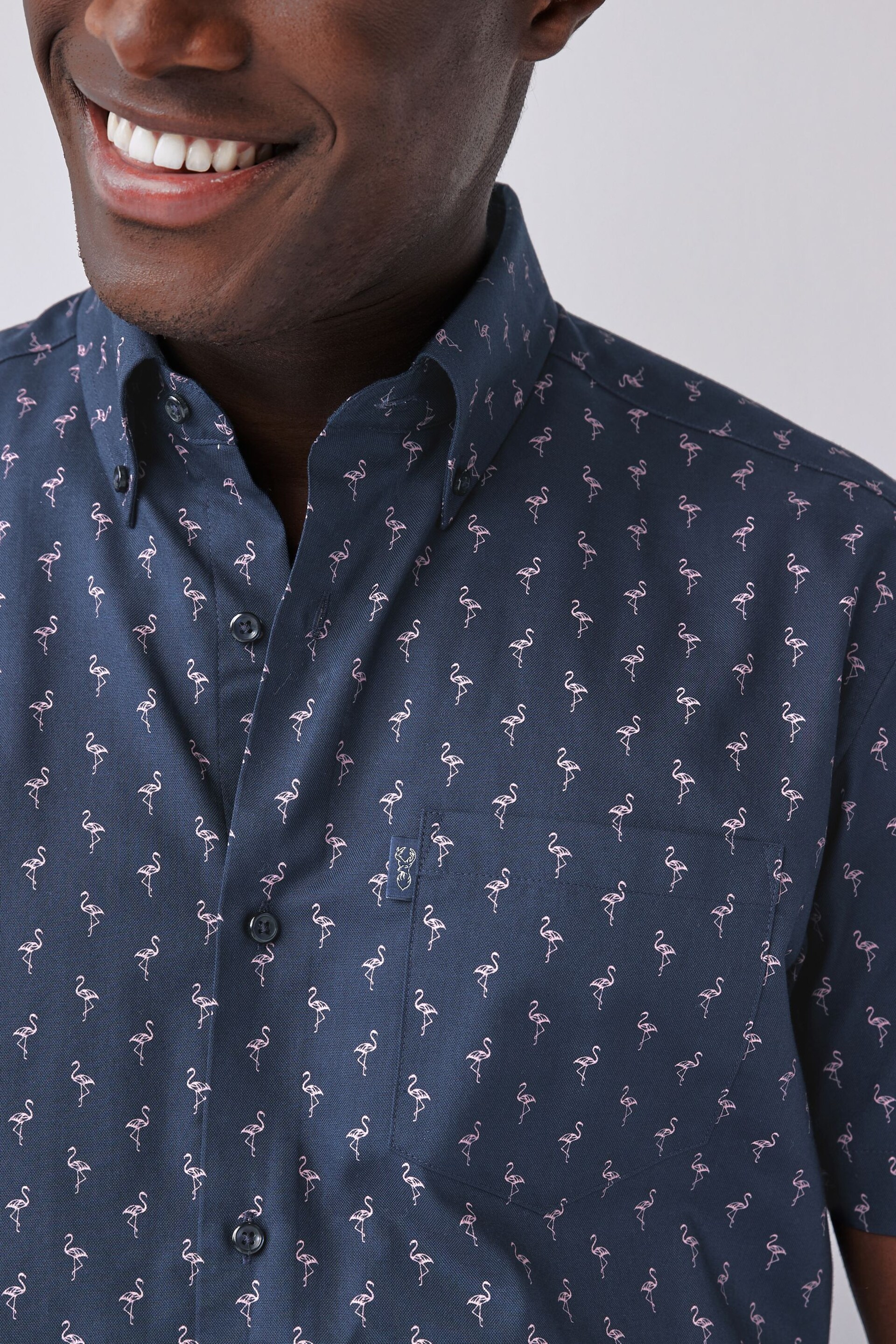 Navy Blue Flamingo Easy Iron Button Down Short Sleeve Oxford Shirt - Image 4 of 5