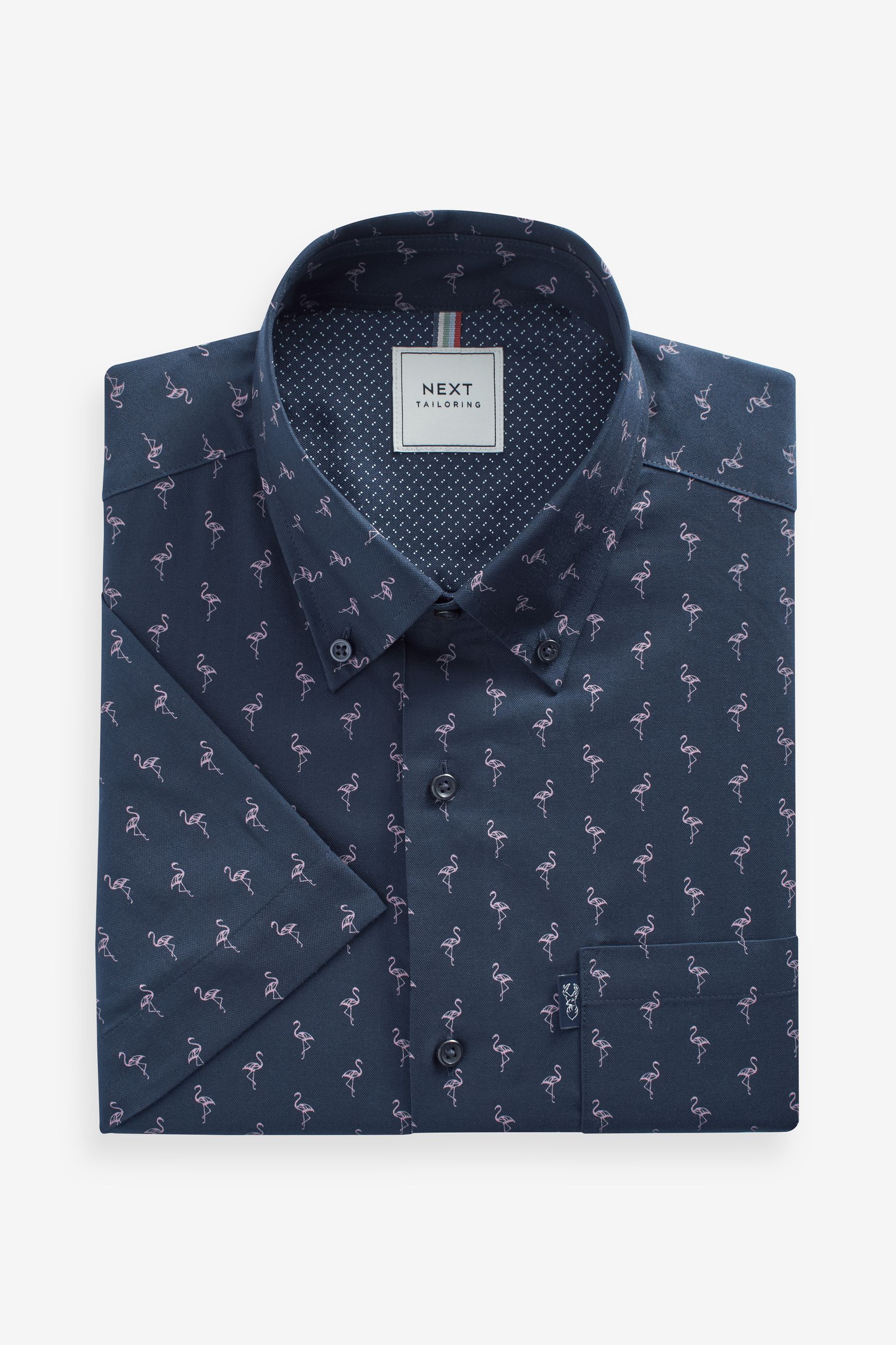Buy Navy Blue Flamingo Easy Iron Button Down Short Sleeve Oxford Shirt from Next Luxembourg