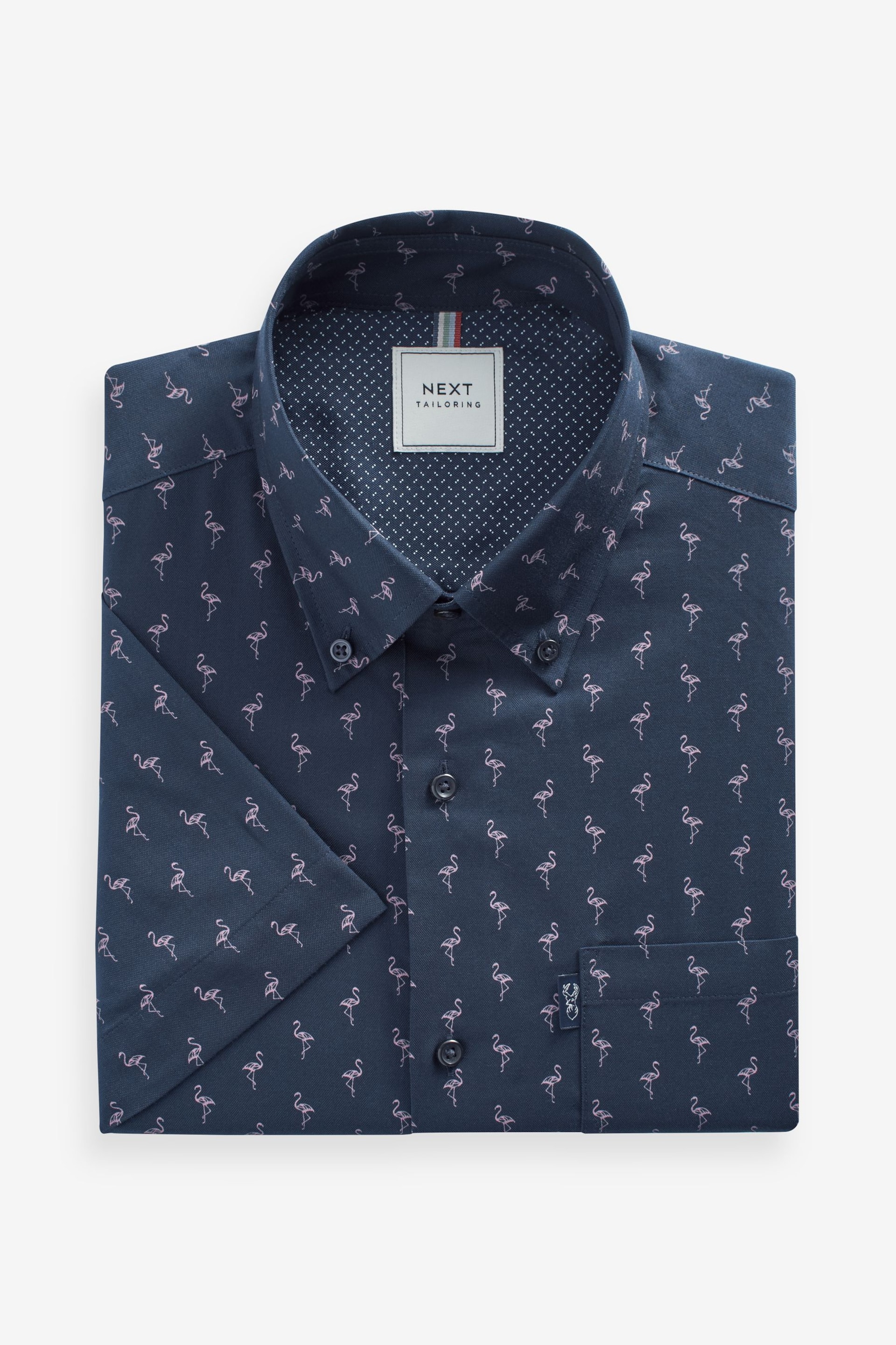 Navy Blue Flamingo Easy Iron Button Down Short Sleeve Oxford Shirt - Image 5 of 5