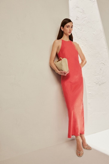 Coral Pink Premium 100% Linen Midi Dress