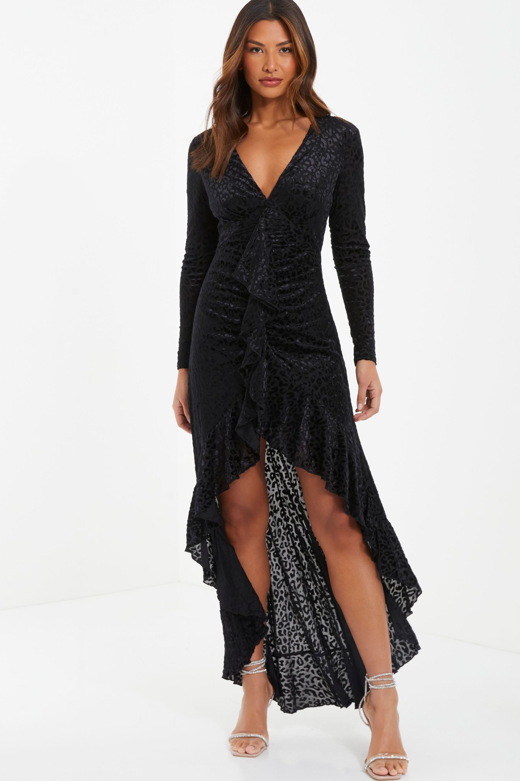 Buy Quiz Black Velvet Animal Dip Hem Maxi Dress With Ruffle Front
