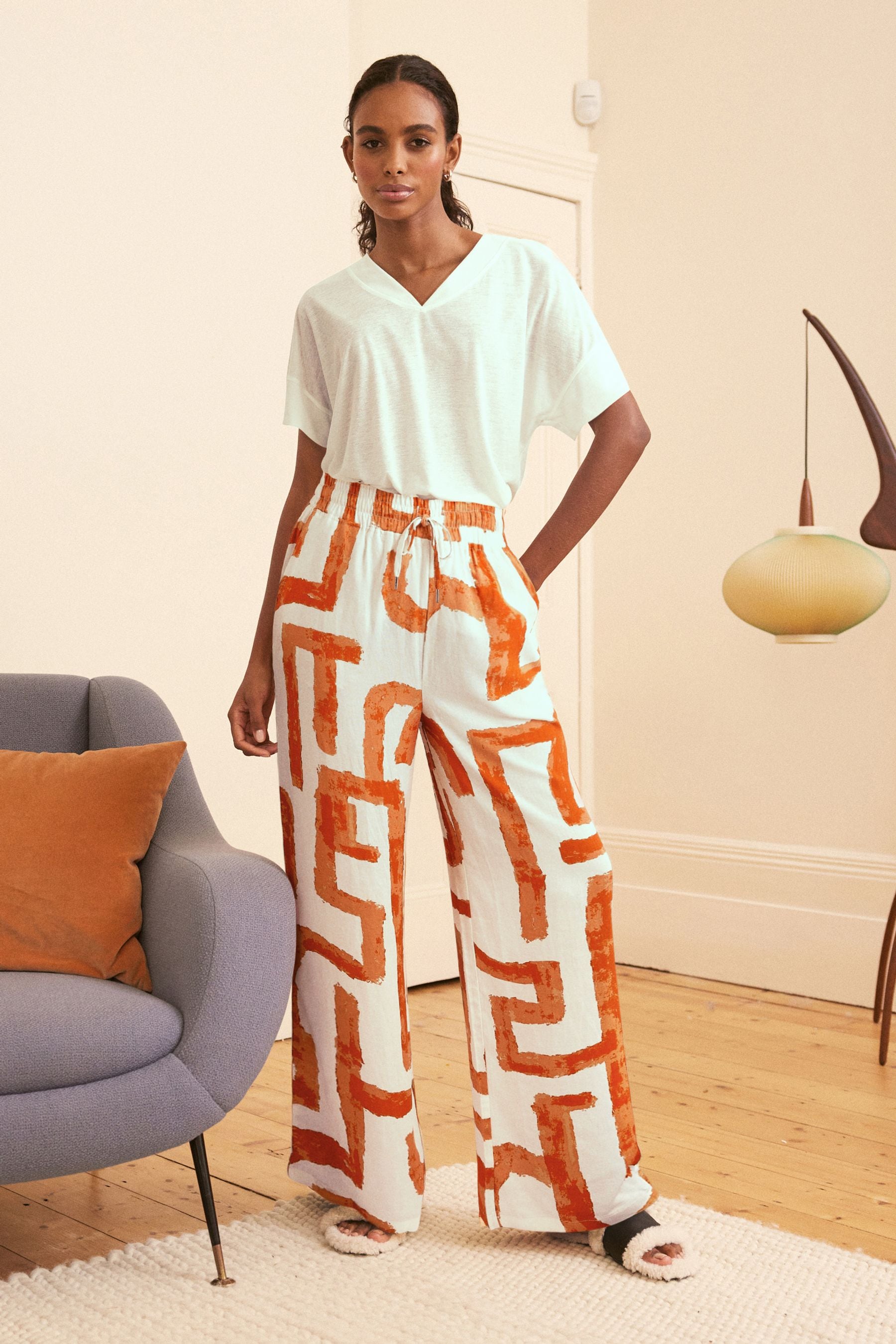 Buy Orange Geo Linen Blend Short Sleeve Pyjamas from Next Luxembourg