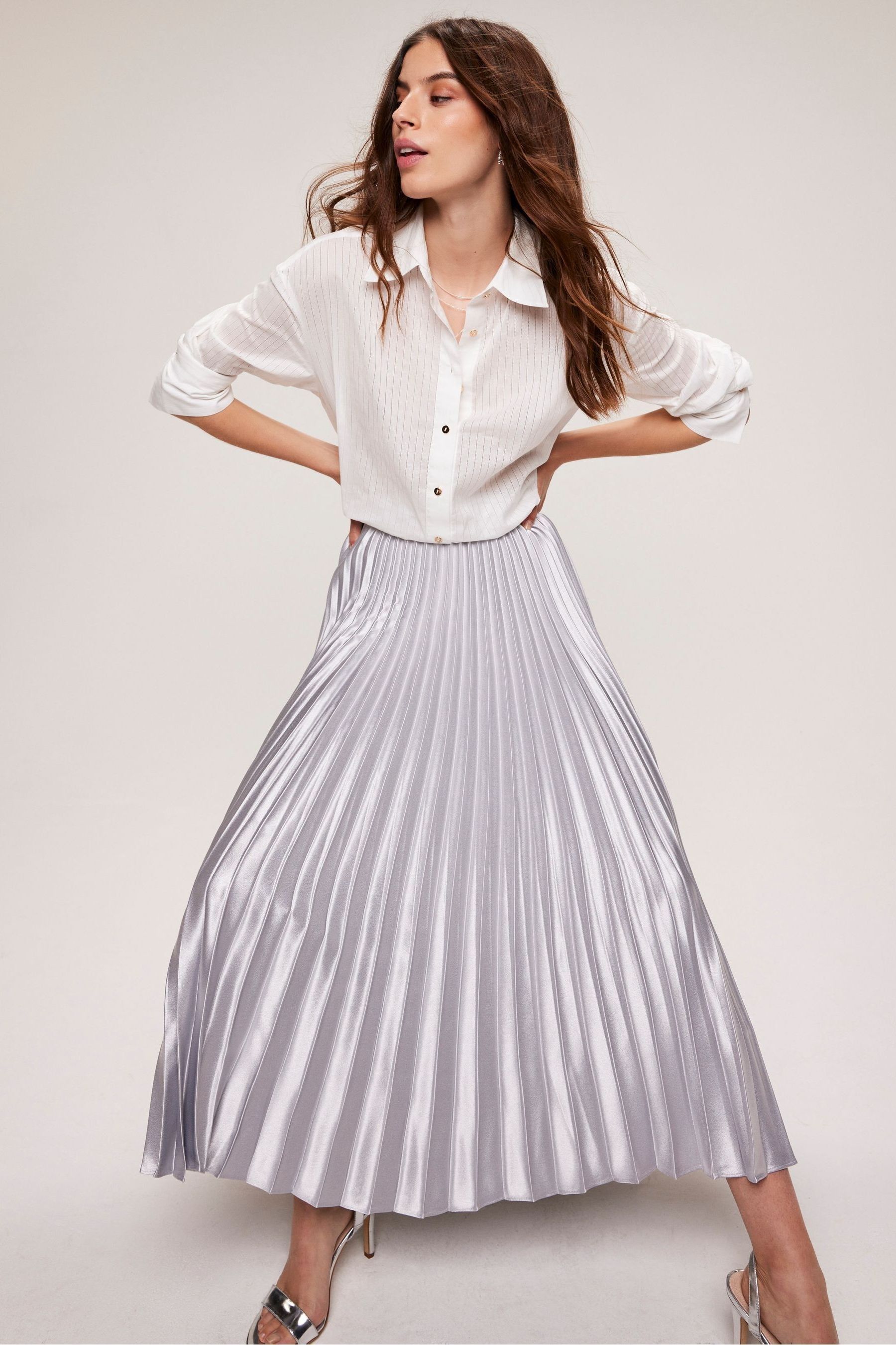 Silver pleated skirt midi on sale