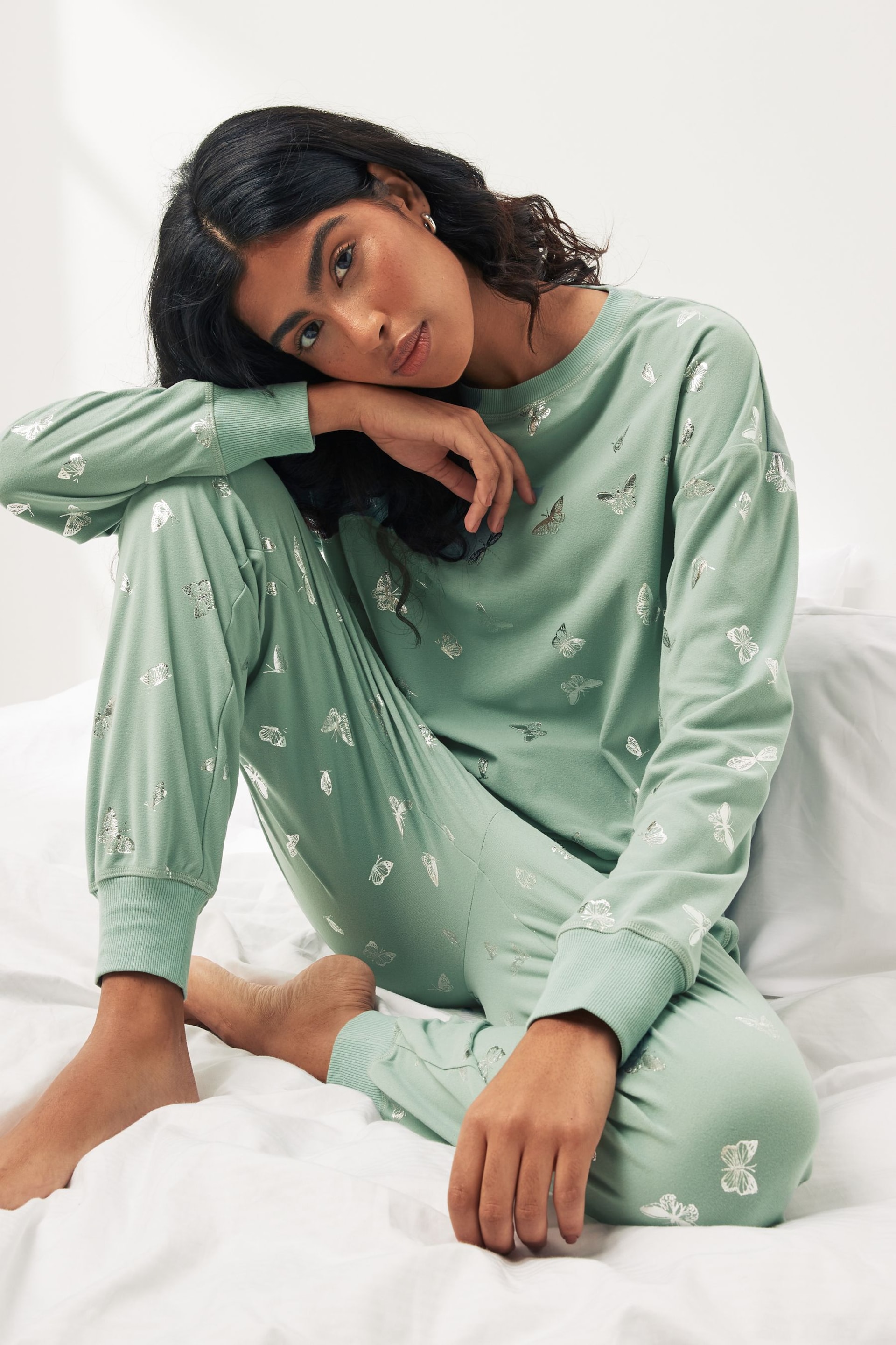 Sage Green Butterfly Foil Supersoft Cosy Pyjamas - Image 1 of 11