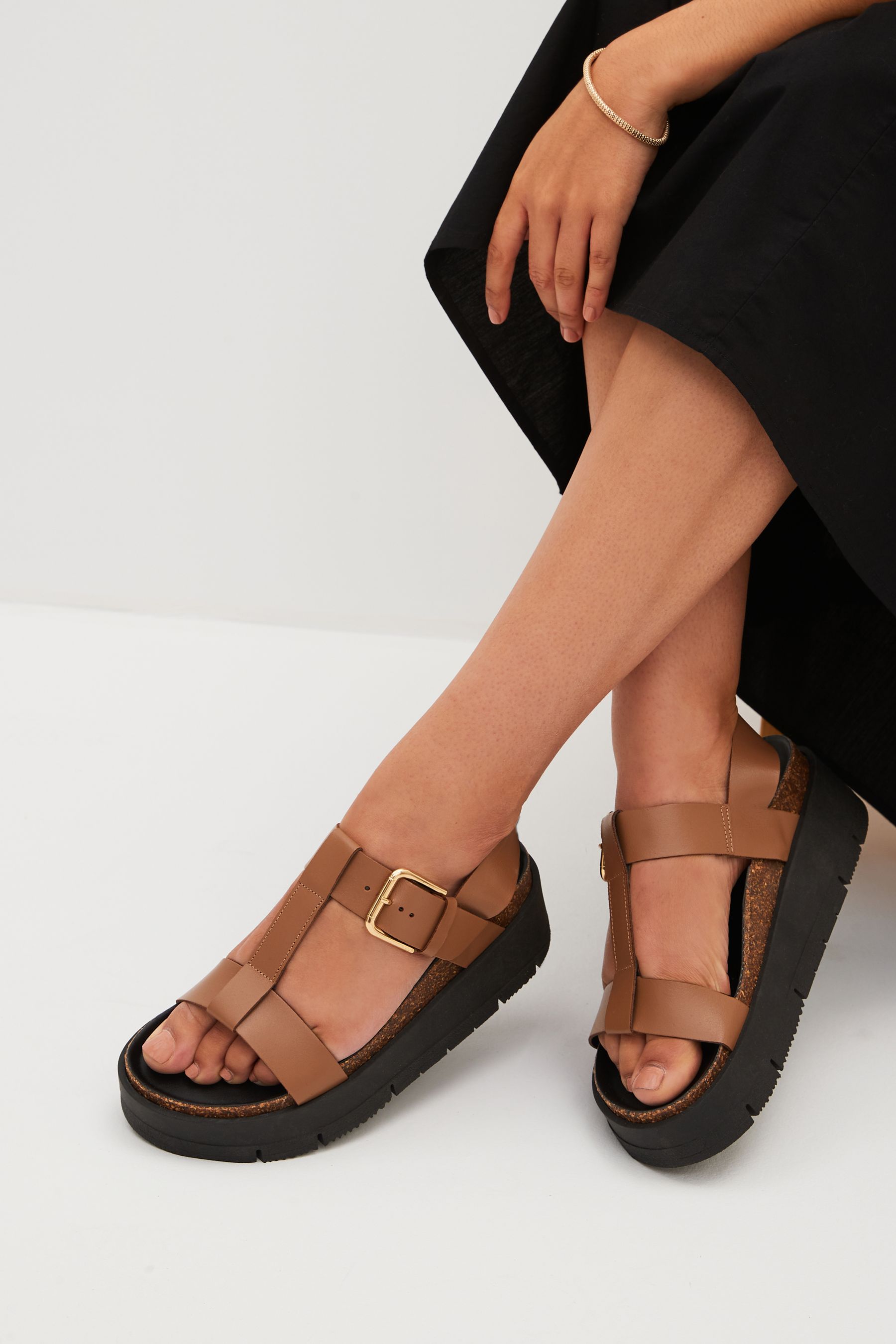 Tan Brown Forever Comfort Leather T Bar Flatform Sandals