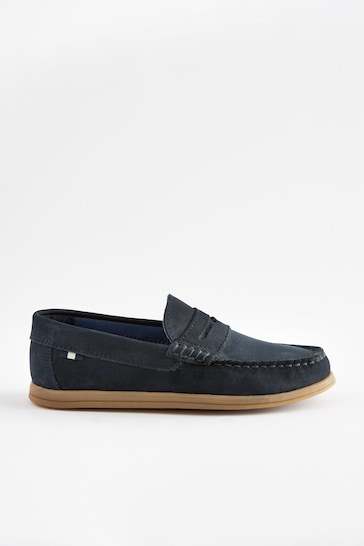 Navy Blue Leather Slip-On Penny Loafers