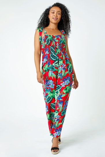 Roman Red Petite Tropical Shirred Stretch Jumpsuit