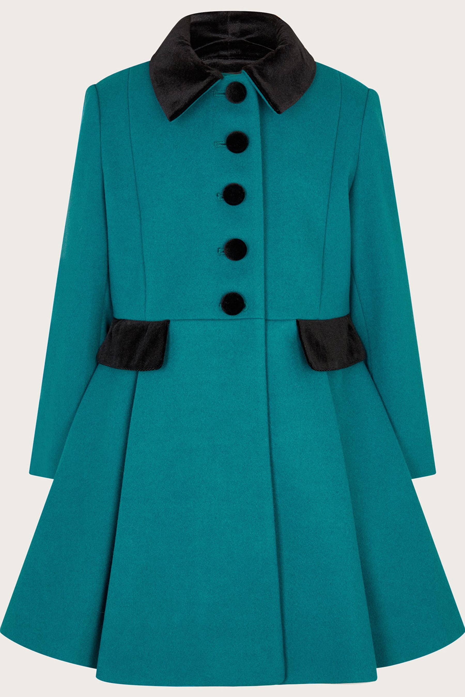 Buy Monsoon Blue Velvet Trim Skirted Wool Blend Coat from Next Ireland
