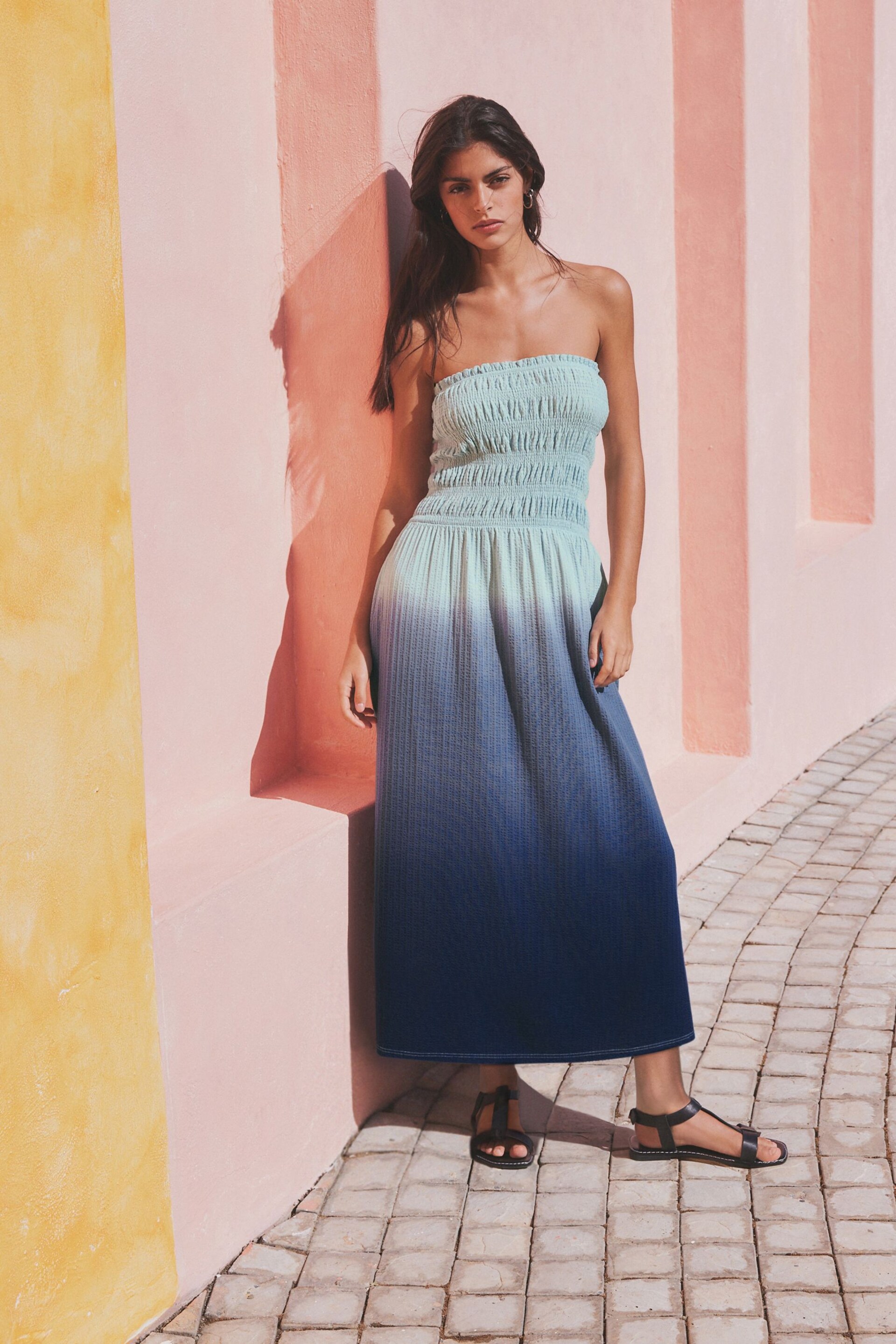 Blue Ombre Jersey Cotton Textured Bandeau Midi Dress - Image 1 of 7