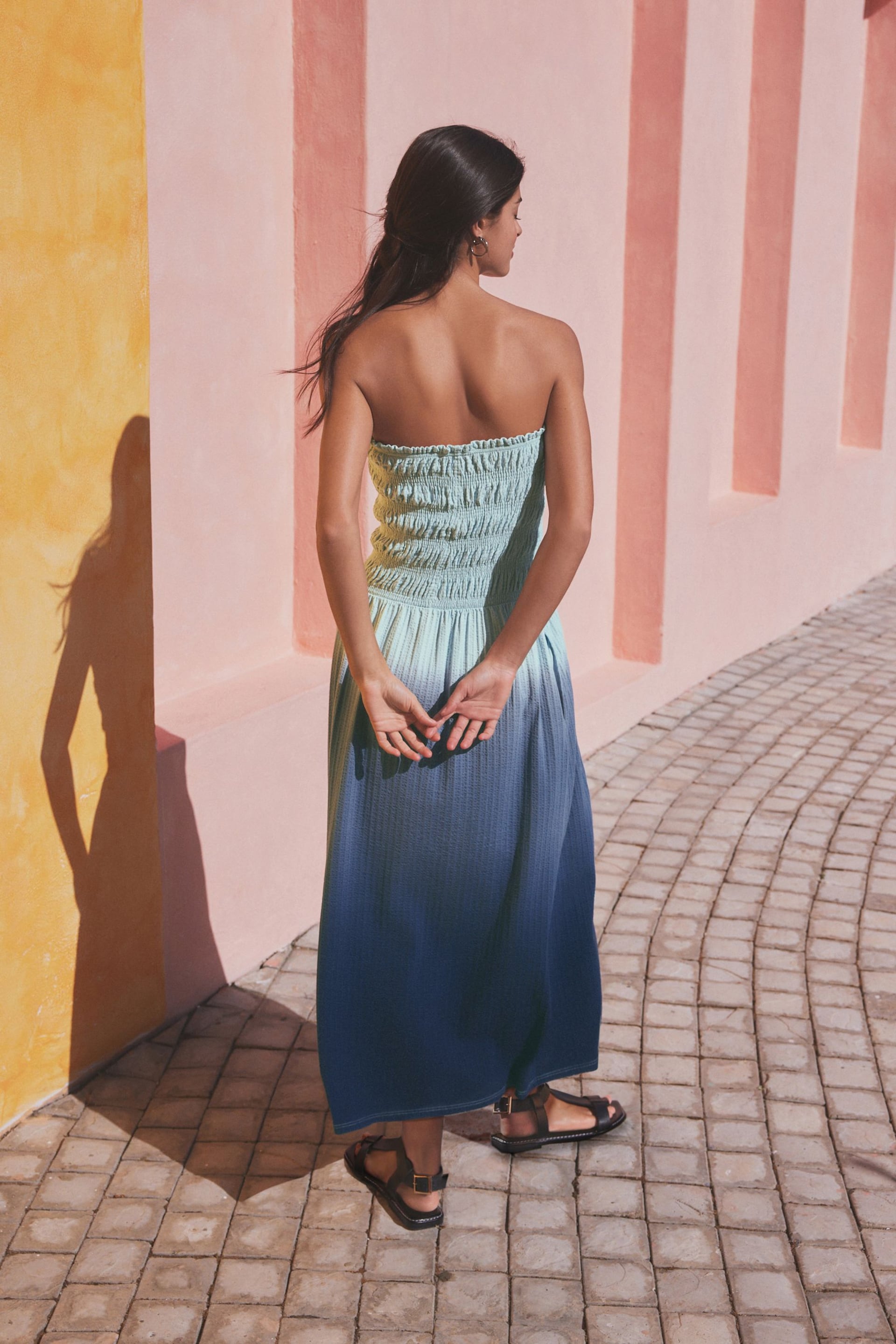 Blue Ombre Jersey Cotton Textured Bandeau Midi Dress - Image 3 of 7